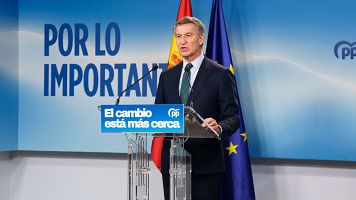 El presidente del Partido Popular, Alberto N��ez Feij�o, durante una rueda de prensa,