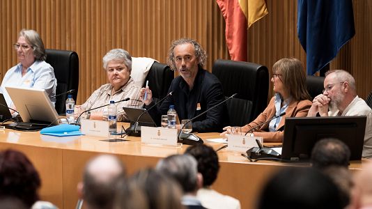 El presidente de la Plataforma V�ctimas Alvia 04155, Jes�s Dom�nguez, la representante de la Asociaci�n de Afectados del Vuelo JK5022, �gueda Rueda, la presidenta de la Asociaci�n de Afectados del Vuelo JK5022 de Spanair, Pilar Vera, el presidente de la Asociaci�n de V�ctimas del Descarrilamiento de Adamuz, Mario Samper, la presidenta de la Asociaci�n de Afectados del Vuelo Germanwings GWI9525, Lourdes Bonet, y el presidente de la Asociaci�n de Familias del Yak-42, Miguel �ngel Sencianes, durante el encuentro ?Voces de la Tragedia?, en el Congreso de los Diputados