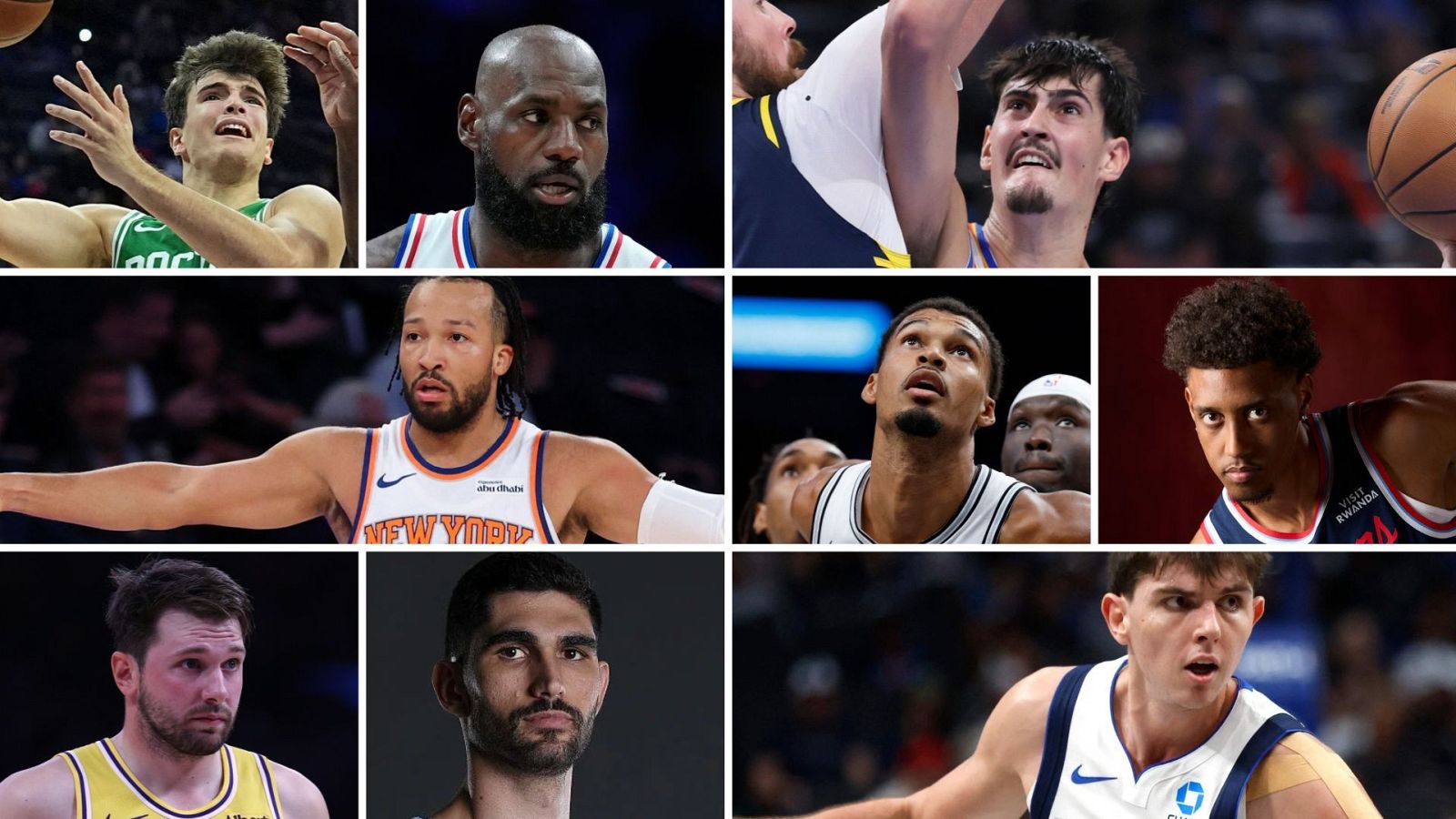 Hugo González, LeBron James, Aday Mara, Jalen Brunson, Victor Wembanyama, Baba Miller, Luka Doncic, Santi Aldama, Sergio de Larrea (de arriba abajo e izquierda a derecha)