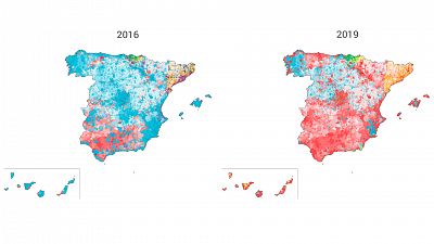 Del azul predominante de 2016 al rojo de 2019: as ha cambiado el mapa de Espaa por municipios