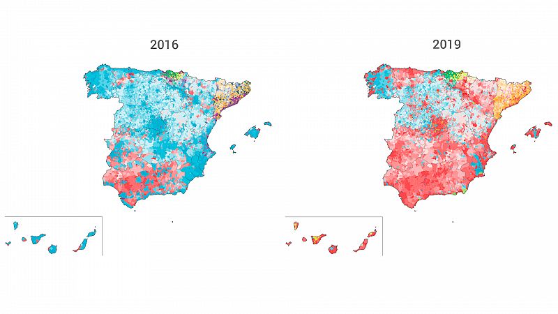 Del azul predominante de 2016 al rojo de 2019: as ha cambiado el mapa de Espaa por municipios