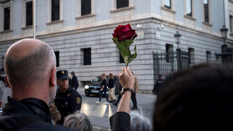 La rosa roja del PSOE llena las manos de cientos de personas para despedir a Rubalcaba en el Congreso