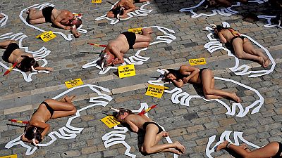 Activistas antitaurinos protestan un a�o m�s en Pamplona por los Sanfermines