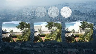 Vista aérea de la destrucción costera tras un tsunami y secuencia de cuatro imágenes mostrando el avance de una ola hacia la costa, impactando finalmente. Se observan palmeras, edificios y una carretera. Vista aérea de la destrucción costera tras un tsunami y secuencia de cuatro imágenes mostrando el avance de una ola hacia la costa, impactando finalmente. Se observan palmeras, edificios y una carretera.