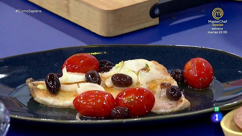 Receta de lubina a la bilbaína de hinojo, tomates y aceitunas