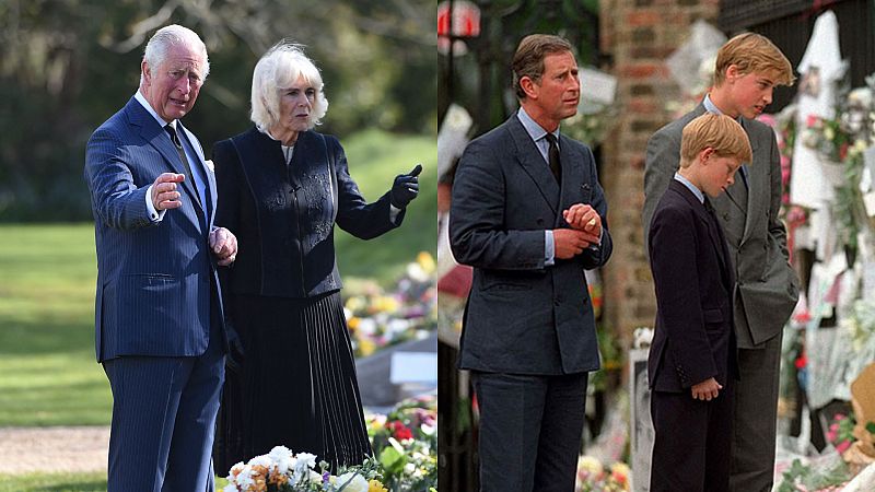 La imagen se repite: el príncipe Carlos y Camila observan los tributos en memoria de Felipe de Edimburgo