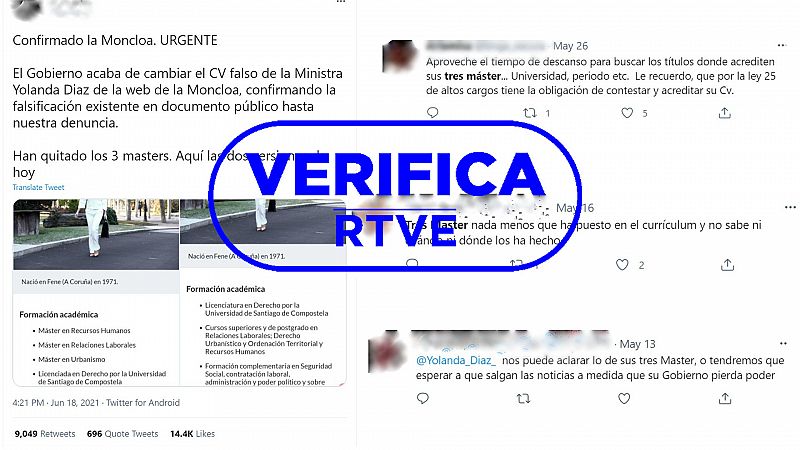 Te explicamos la desaparición de tres másteres del currículo de Yolanda Díaz en la web de La Moncloa