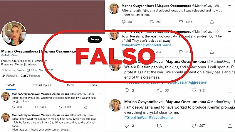 Esta cuenta de Twitter no pertenece a Marina Ovsiannikova, la periodista rusa del 'No a la guerra'