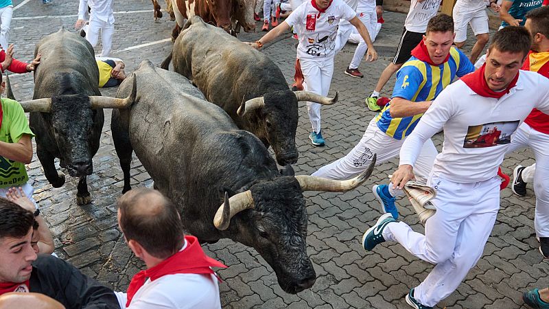 Tercer encierro de San Fermín vistoso y multitudinario con un corneado por los toros de José Escolar