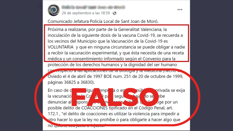 La Policía Local de Sant Joan de Moró difunde falsedades sobre la vacuna