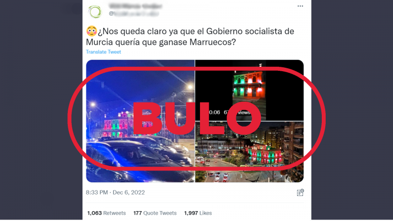 La iluminación verde y roja de este edificio en Murcia no tiene relación con la victoria de Marruecos en Qatar 2022