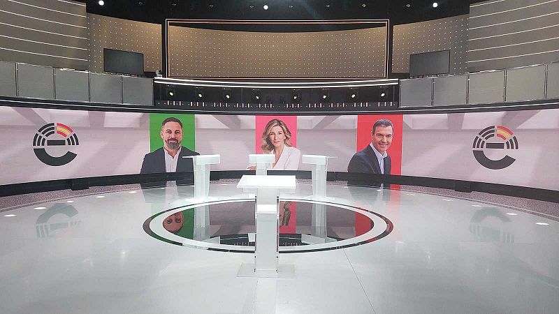 Sánchez, Abascal y Díaz ven clave el debate final en RTVE y critican la ausencia de Feijóo