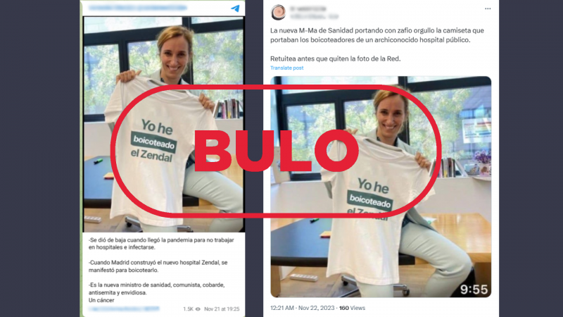 Esta foto de Mónica García con una camiseta que reivindica el boicot al Zendal es un montaje