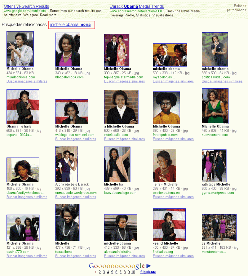 De primer resultado, a búsqueda relacionada: "Michelle Obama mona"