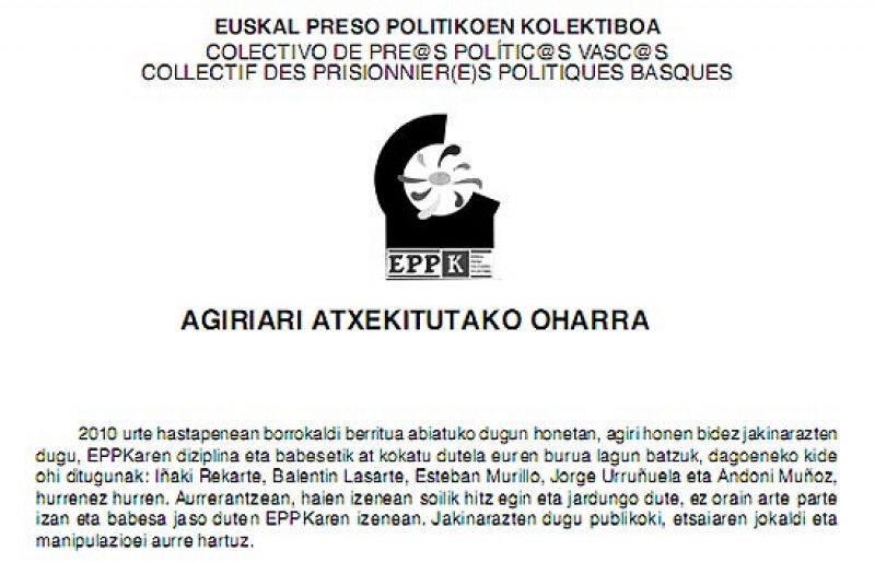 ETA expulsa a cinco presos por condenar la violencia y anuncia huelgas de hambre