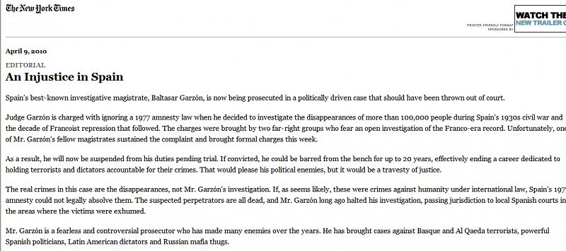 'The New York Times' denuncia en su editorial la "injusticia" contra Garzón