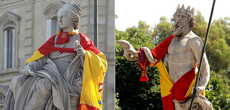 Cibeles y Neptuno apoyan a la "Roja"
