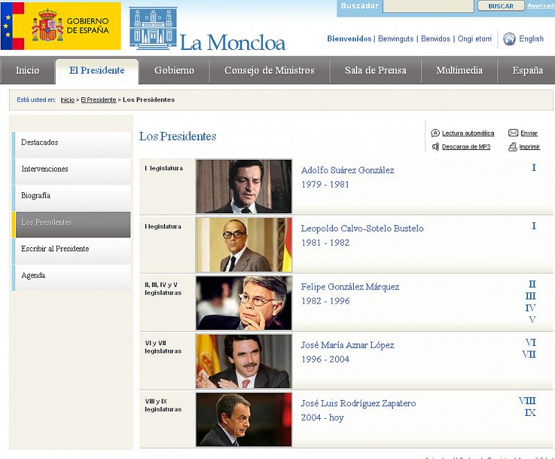 Franco desaparece de la lista de presidentes publicada en la web de La Moncloa