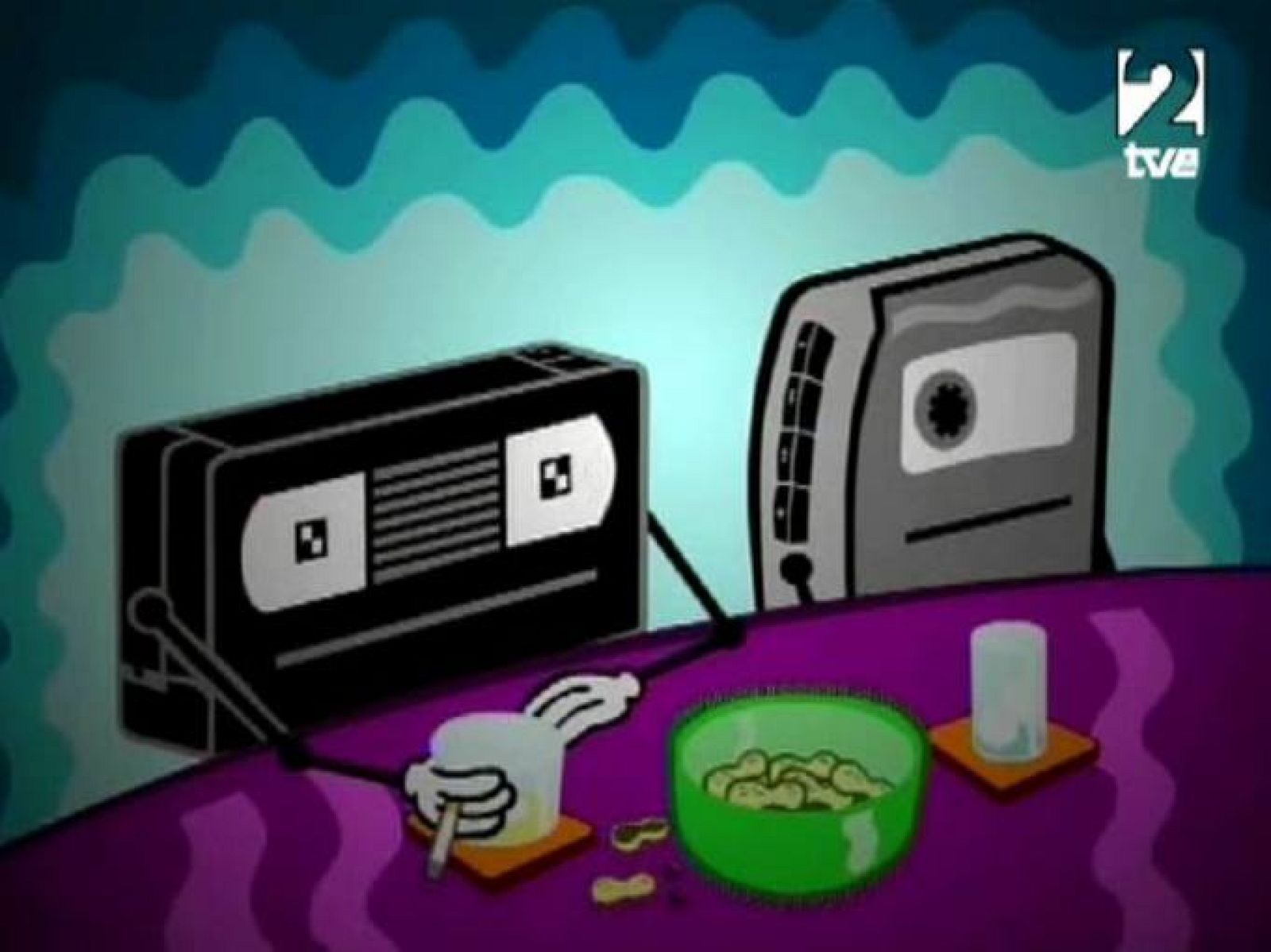 Una cinta VHS charla en un bar con un walkman, recordando tiempos mejores