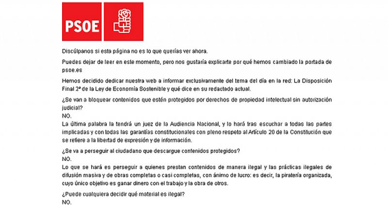 El PSOE sustituye la portada de su web por un texto informativo de la ley Sinde