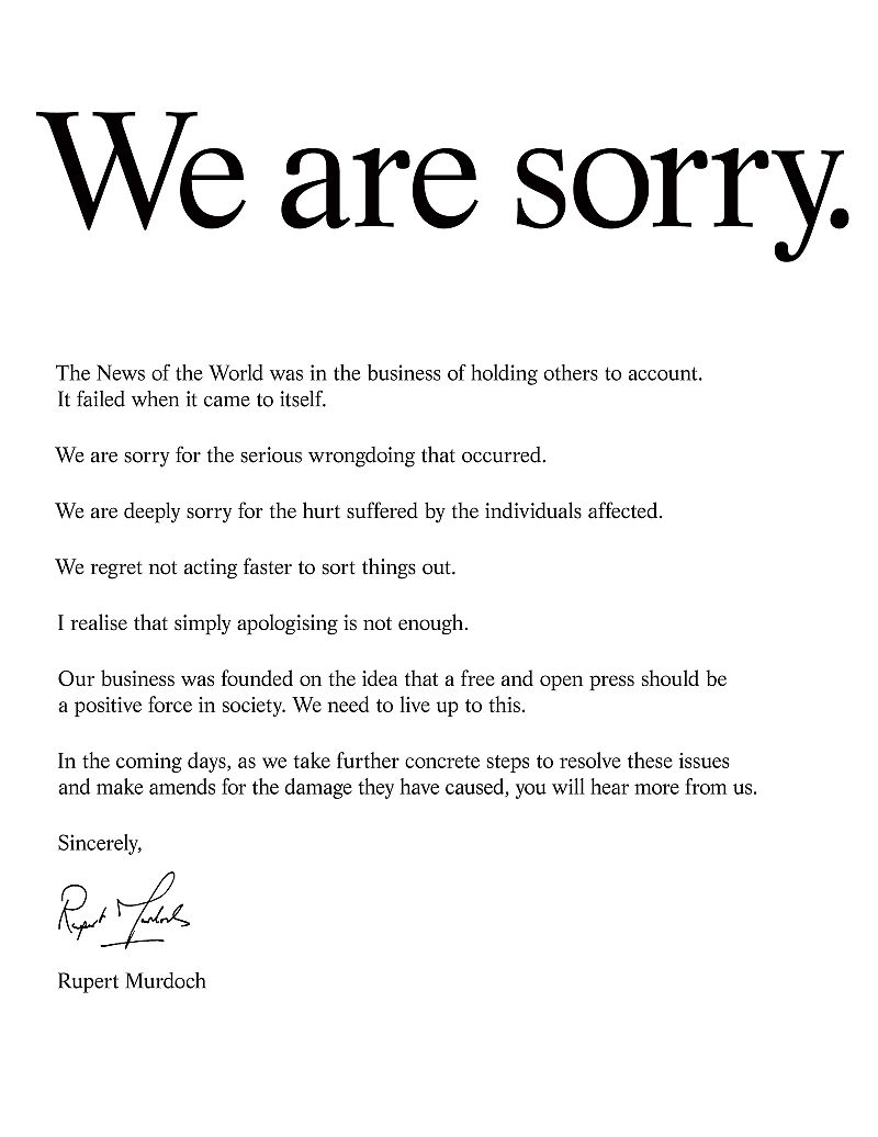 Rupert Murdoch se disculpa en la prensa británica: "Lo sentimos"