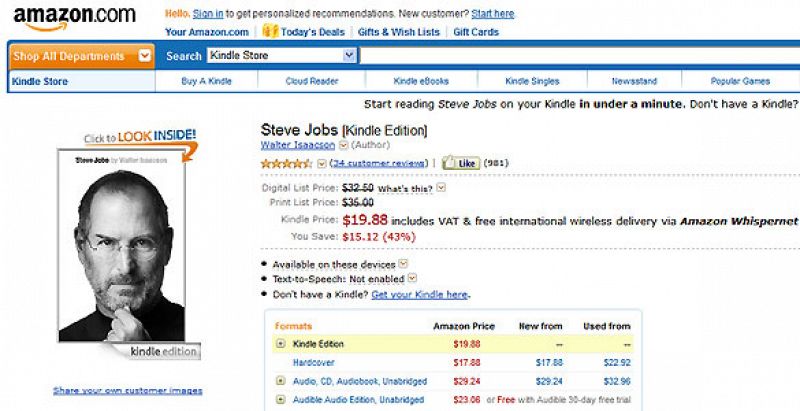 La biografía de Steve Jobs podría convertirse en el libro más vendido por Amazon en 2011