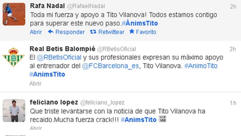 El deporte español se vuelca con Vilanova y #ÁnimsTito se convierte en 'trending topic'