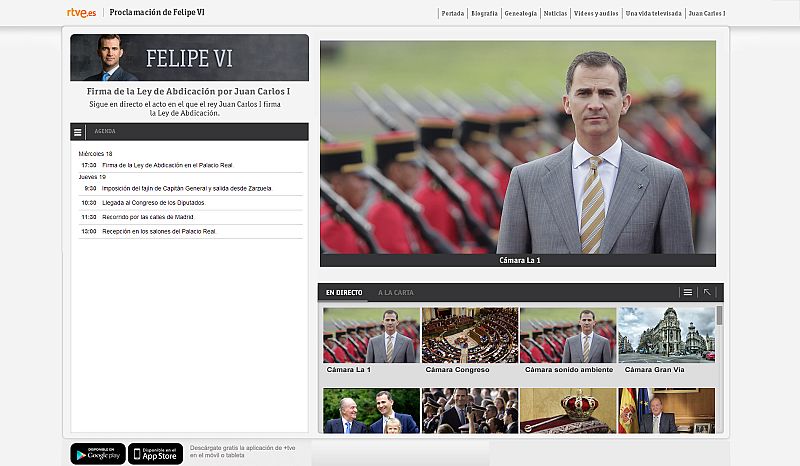 La proclamación de Felipe VI, con Rtve.es en directo a través de un multipantalla de 10 señales