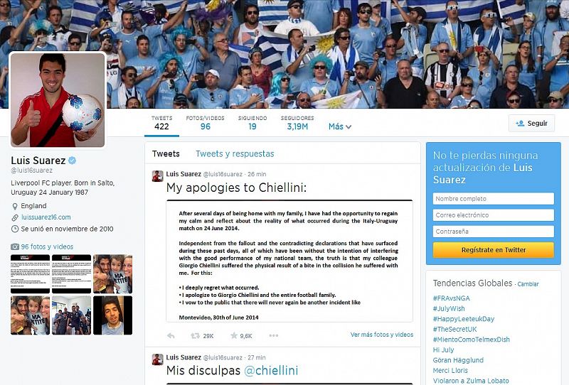 Luis Suárez presenta sus disculpas a "Chiellini y a toda la familia del fútbol" por el mordisco