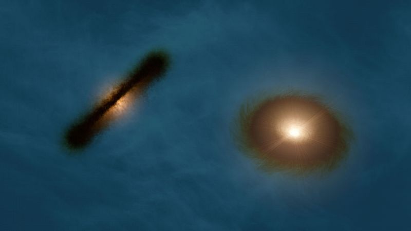 ALMA avista una estrella doble con discos de gas violentamente desalineados