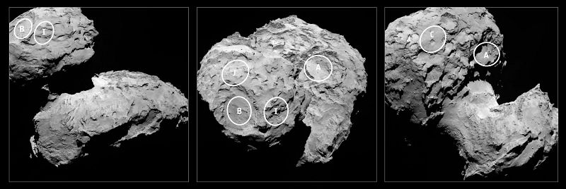 La sonda Rosetta selecciona cinco posibles lugares para aterrizar sobre el cometa