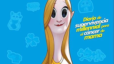 Ilustración de estilo cómic con una mujer rubia sonriente y el texto 'Diario de supervivencia millennial para el cáncer de mama' sobre fondo azul cian con amuletos.