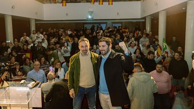 El presidente de Vox, Santiago Abascal, y el candidato a la Presidencia de Aragón, Alejandro Nolasco.
