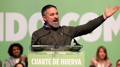 El presidente de Vox, Santiago Abascal, participa este sábado en Cuarte de Huerva (Zaragoza) en un acto electoral de cara a las elecciones de Aragón.