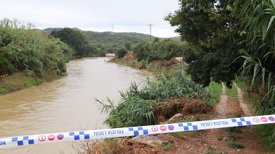 Río crecido con aguas turbias y camino bloqueado por cinta de Policía Local. Vegetación abundante y colinas al fondo. Río crecido con aguas turbias y camino bloqueado por cinta de Policía Local. Vegetación abundante y colinas al fondo.