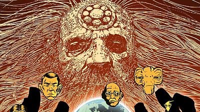 Ilustración de ciencia ficción con una cabeza tecnológica superior y tres cabezas (Judge Dredd, Alan Moore, Tharg) presentadas sobre la Tierra por manos enguantadas.