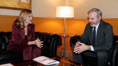 Jorge Azcón y Pilar Alegría durante su reunión dentro de la ronda de contactos con los grupos parlamentarios para la negociación de los presupuestos de Aragón