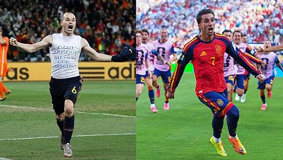 Díptico de futbolistas españoles celebrando: Andrés Iniesta con mensaje de homenaje y Ferran Torres con la camiseta de la selección. Díptico de futbolistas españoles celebrando: Andrés Iniesta con mensaje de homenaje y Ferran Torres con la camiseta de la selección.