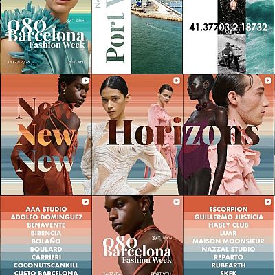 Un anuncio visual de la 080 Barcelona Fashion Week presenta diseños de moda y modelos, con el logo del evento y las fechas clave. Se destacan nombres de diseñadores y marcas.
