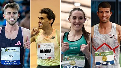 Fotocomposición con los atletas Adrián Ben, Mariano García, Paula Sevilla y Adel Mechaal (de izquierda a derecha), todos con gestos de celebración después de competir Fotocomposición con los atletas Adrián Ben, Mariano García, Paula Sevilla y Adel Mechaal (de izquierda a derecha), todos con gestos de celebración después de competir