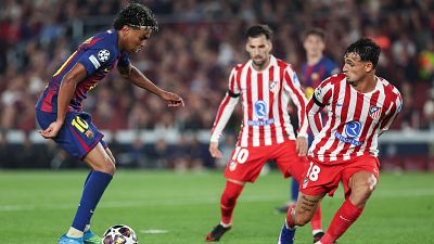 Lamine Yamal durante el partido de ida de los cuartos de final ante el Atlético de Madrid. Lamine Yamal durante el partido de ida de los cuartos de final ante el Atlético de Madrid.