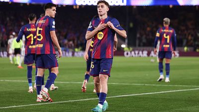 Barcelona vs Newcastle: Fermín López celebra un gol.