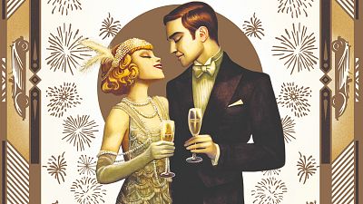 Una pareja vestida con elegancia, ella con un vestido dorado y él con esmoquin, brinda con copas de champán en una ilustración que evoca los años 20, con un fondo de motivos geométricos y fuegos artificiales. Una pareja vestida con elegancia, ella con un vestido dorado y él con esmoquin, brinda con copas de champán en una ilustración que evoca los años 20, con un fondo de motivos geométricos y fuegos artificiales.