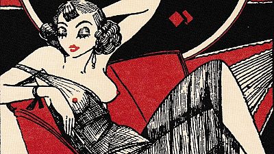 Ilustración de mujer con estilo art déco, pose sugerente, vestida con ropa oscura, fondo con rojos y negros geométricos. Detalle de portada de cómic. Ilustración de mujer con estilo art déco, pose sugerente, vestida con ropa oscura, fondo con rojos y negros geométricos. Detalle de portada de cómic.