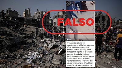 Mensaje que difunde como actual un video de un ataque israelí de 2023 en una escuela en Gaza con sello Falso