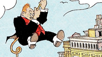 Hombre en traje flotando sobre un edificio, sosteniendo un lápiz. Portada de cómic con estilo cómico/surrealista. Hombre en traje flotando sobre un edificio, sosteniendo un lápiz. Portada de cómic con estilo cómico/surrealista.