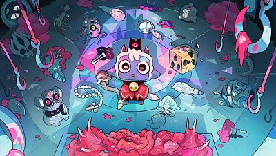 Un cordero antropomórfico de piel azulada y ojos rojos, vestido con una túnica roja y una corona negra, es el centro de una ilustración de estilo cómic. A su alrededor, flotan objetos y criaturas extrañas, creando una atmósfera surrealista e inquietante. Un cordero antropomórfico de piel azulada y ojos rojos, vestido con una túnica roja y una corona negra, es el centro de una ilustración de estilo cómic. A su alrededor, flotan objetos y criaturas extrañas, creando una atmósfera surrealista e inquietante.