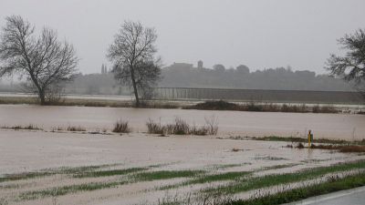 Camps inundats i, al fons, la silueta de Parlavà