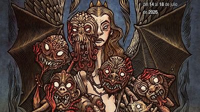Ilustración de fantasía oscura con una figura femenina coronada, rodeada de criaturas grotescas y con alas oscuras. Fondo azul y fecha "del 14 al 18 de julio de 2026" visible. Ilustración de fantasía oscura con una figura femenina coronada, rodeada de criaturas grotescas y con alas oscuras. Fondo azul y fecha "del 14 al 18 de julio de 2026" visible.