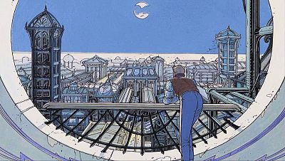 Hombre de espaldas contemplando una ciudad fantástica con arquitectura Art Nouveau y futurista, vista a través de un marco circular. Cielo azul con una luna estilizada y siluetas de pájaros.